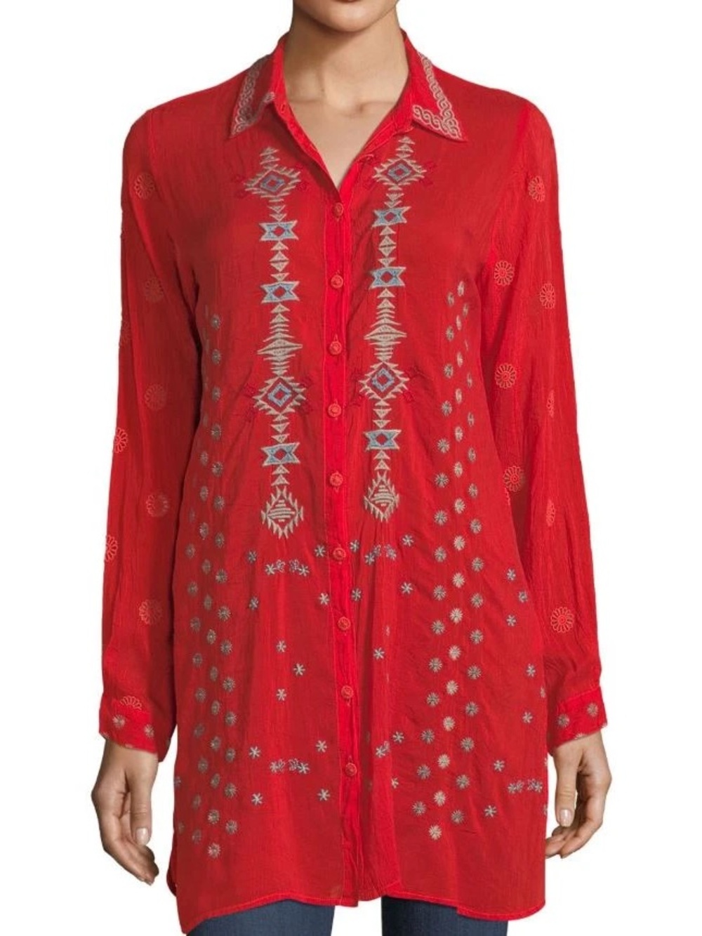 Johnny Was Nova Red Embroidered Button Down Tunic Top XS
